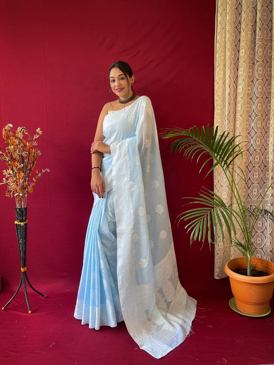 Pure Linen Lucknowi Woven Saree Sky Blue Saris & Lehengas