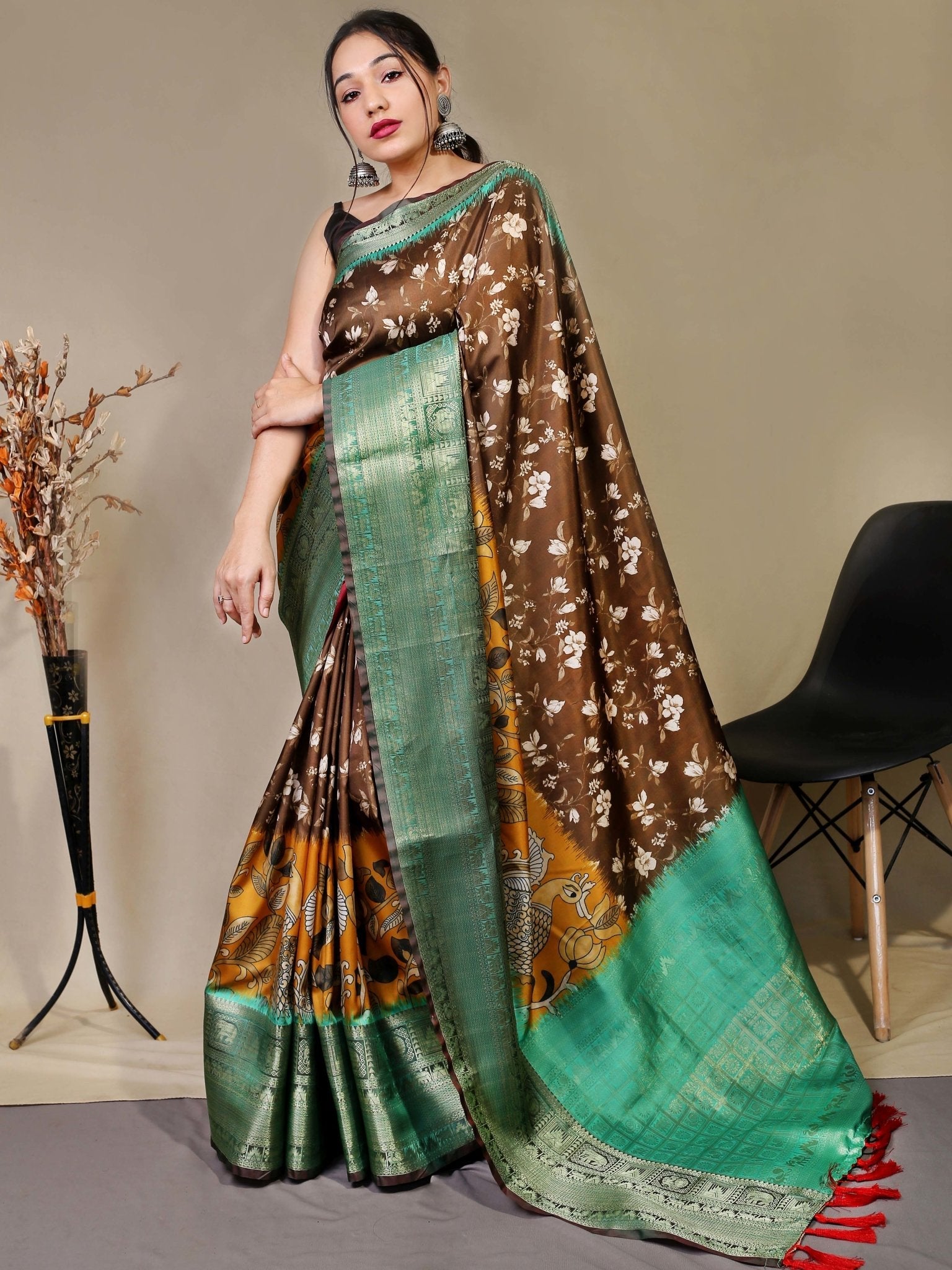 Gala Floral Kalamkari Printed Woven Saree Mehendi Brown Saris & Lehengas