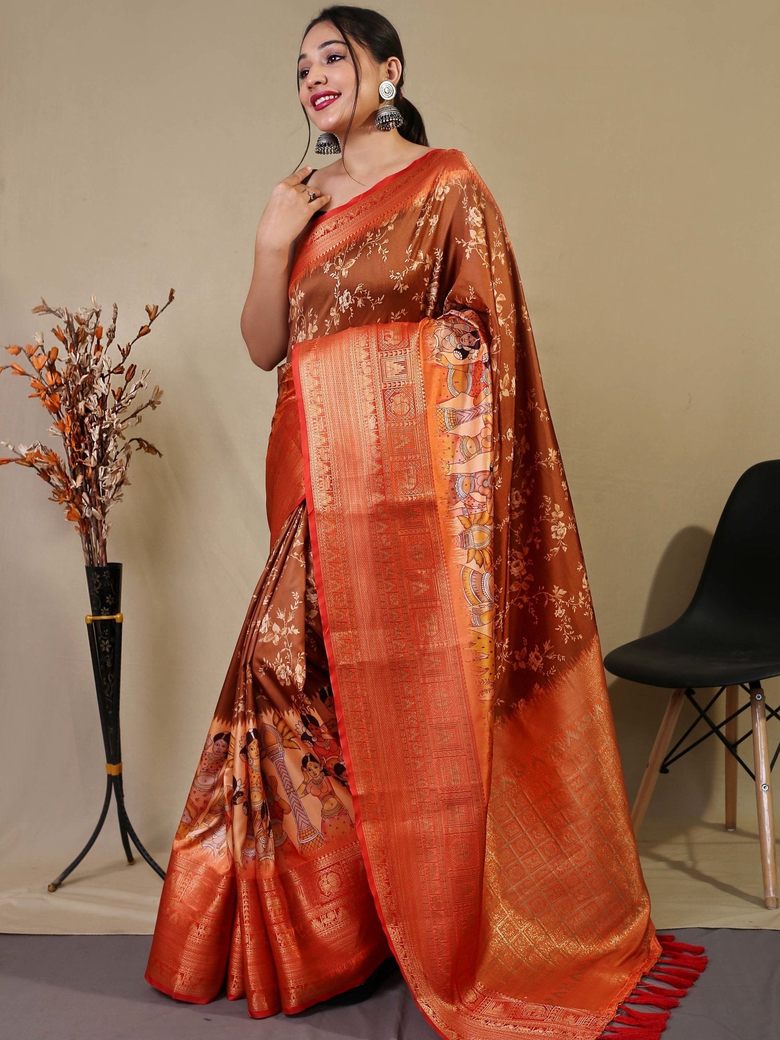 Gala Floral Kalamkari Printed Woven Saree Brown Saris & Lehengas