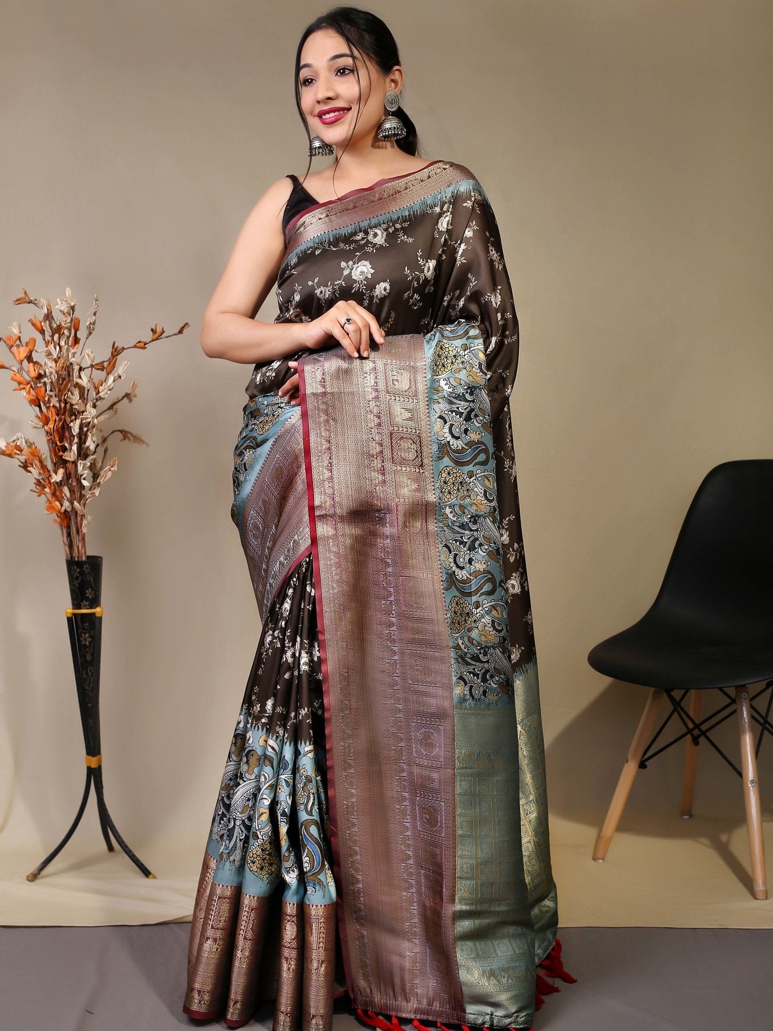 Gala Floral Kalamkari Printed Woven Saree Coffee Brown Saris & Lehengas