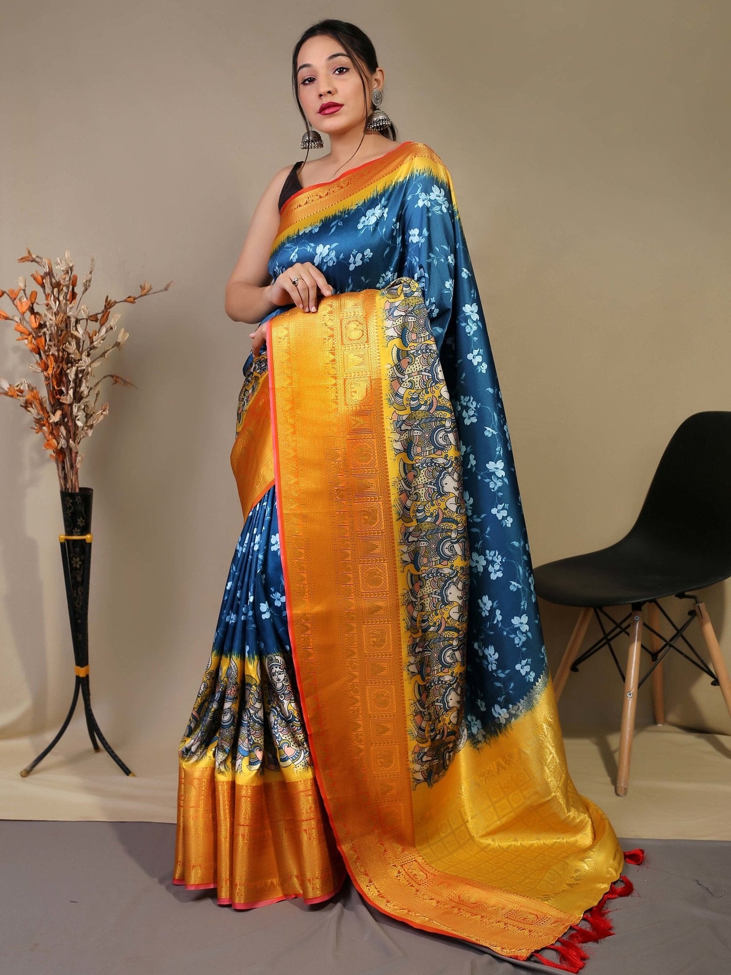 Gala Floral Kalamkari Printed Woven Saree Dark Blue Saris & Lehengas