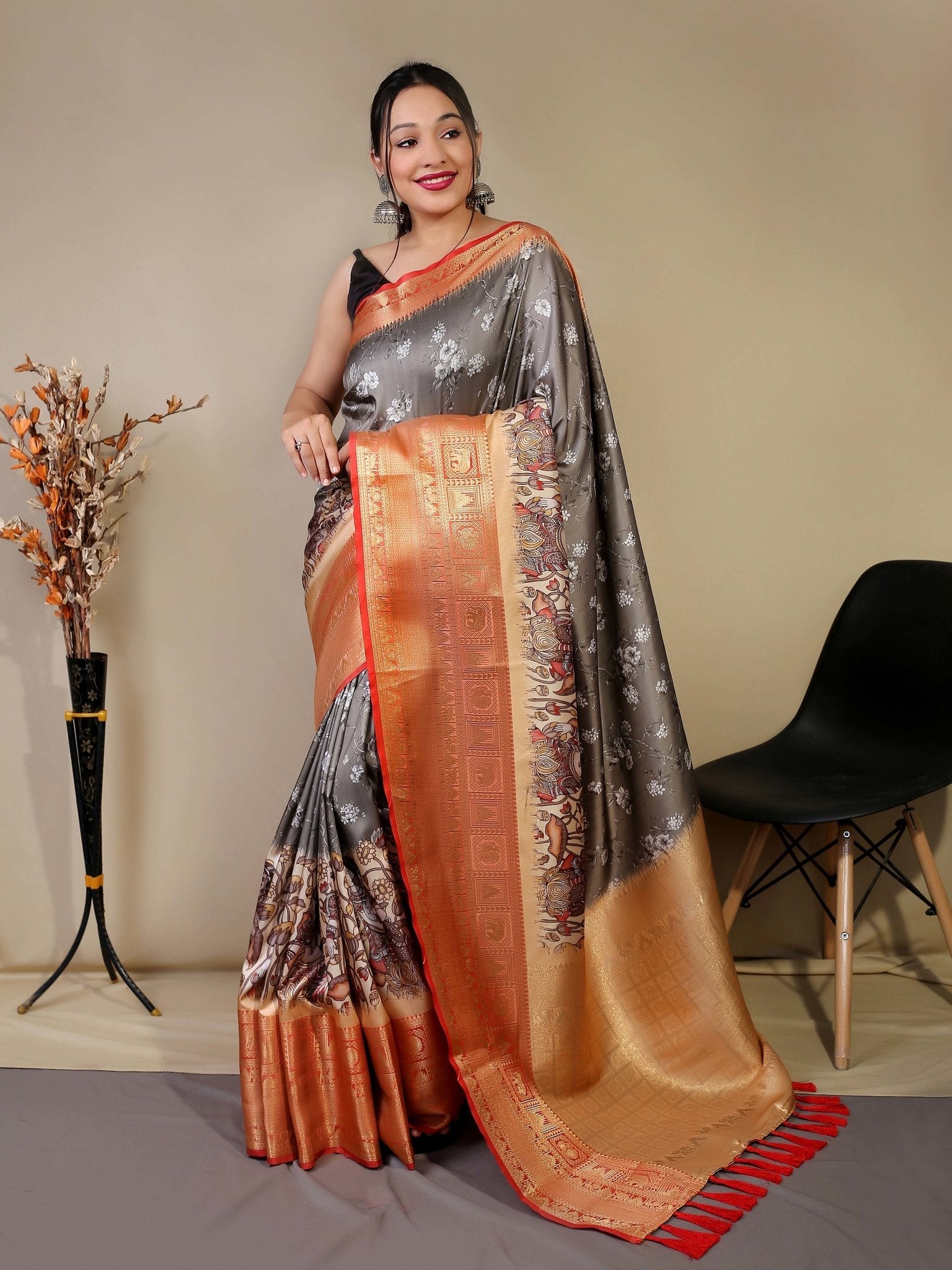 Gala Floral Kalamkari Printed Woven Saree Grey Saris & Lehengas