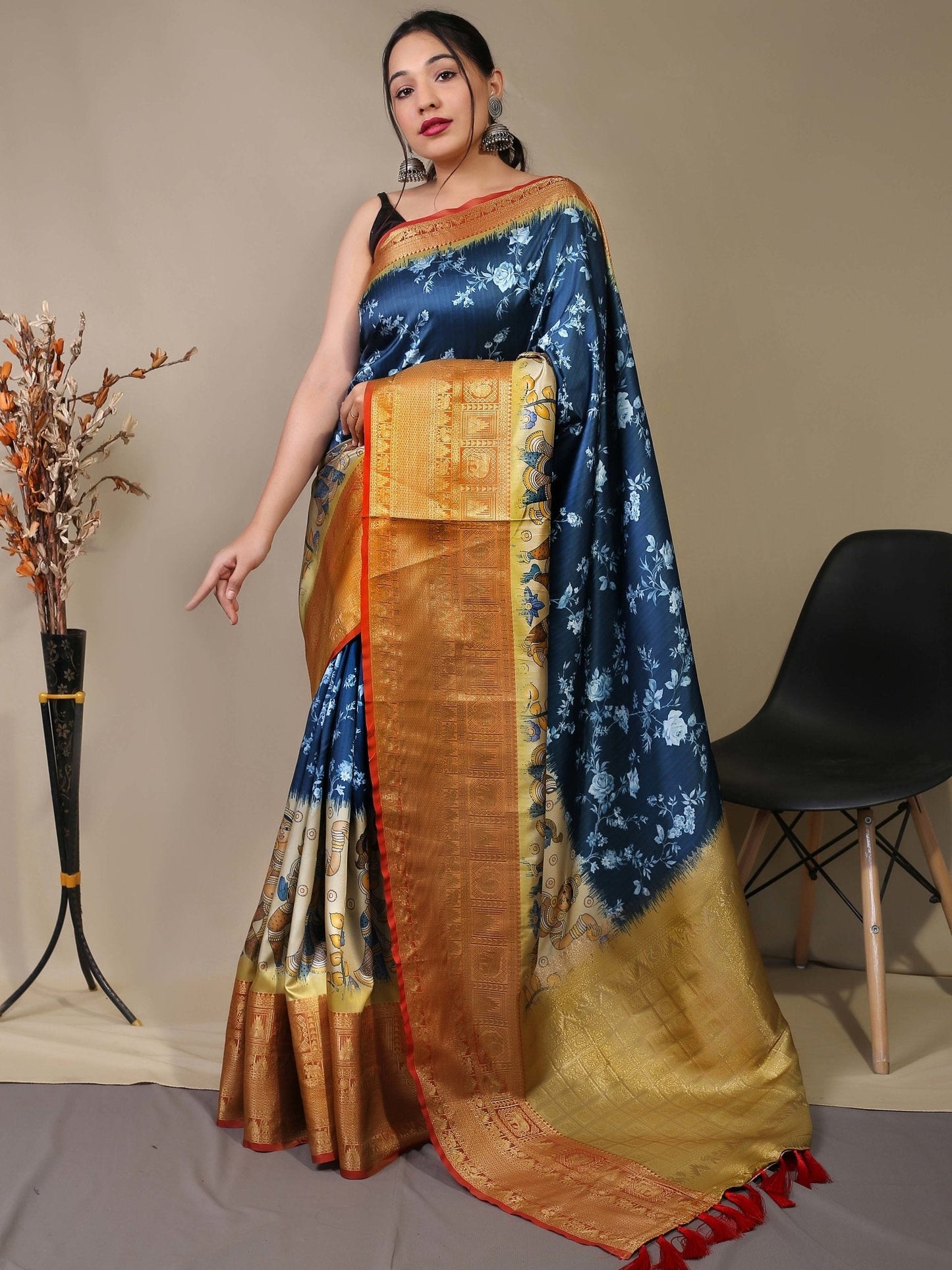 Gala Floral Kalamkari Printed Woven Saree Navy Blue Saris & Lehengas