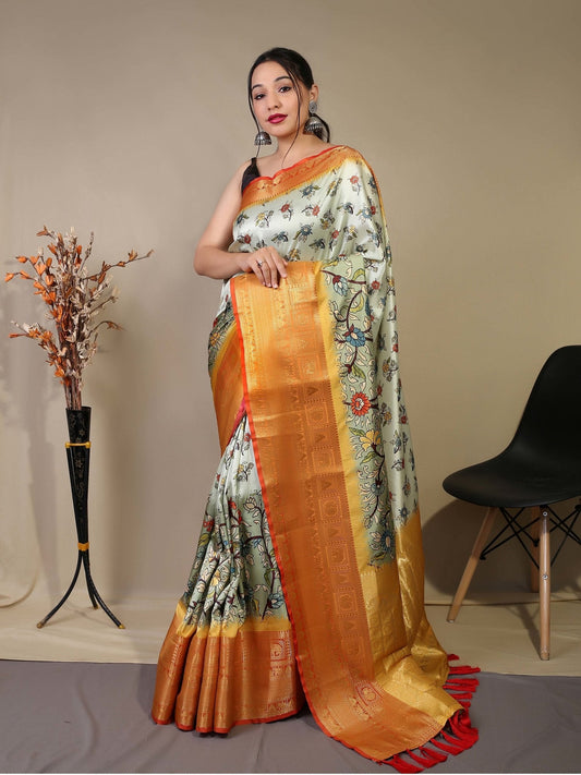 Gala Floral Kalamkari Printed Woven Saree Off White Saris & Lehengas