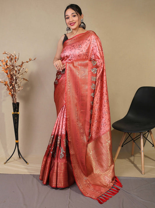 Gala Floral Kalamkari Printed Woven Saree Rose Pink Saris & Lehengas