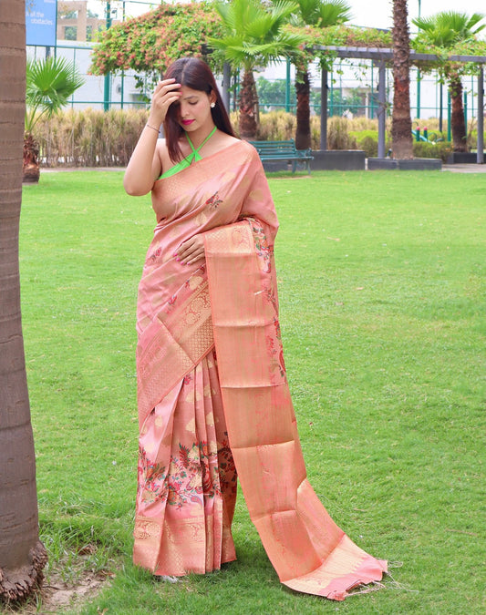 Radha Banarasi Silk Woven Saree with Floral Prints Daisy Pink