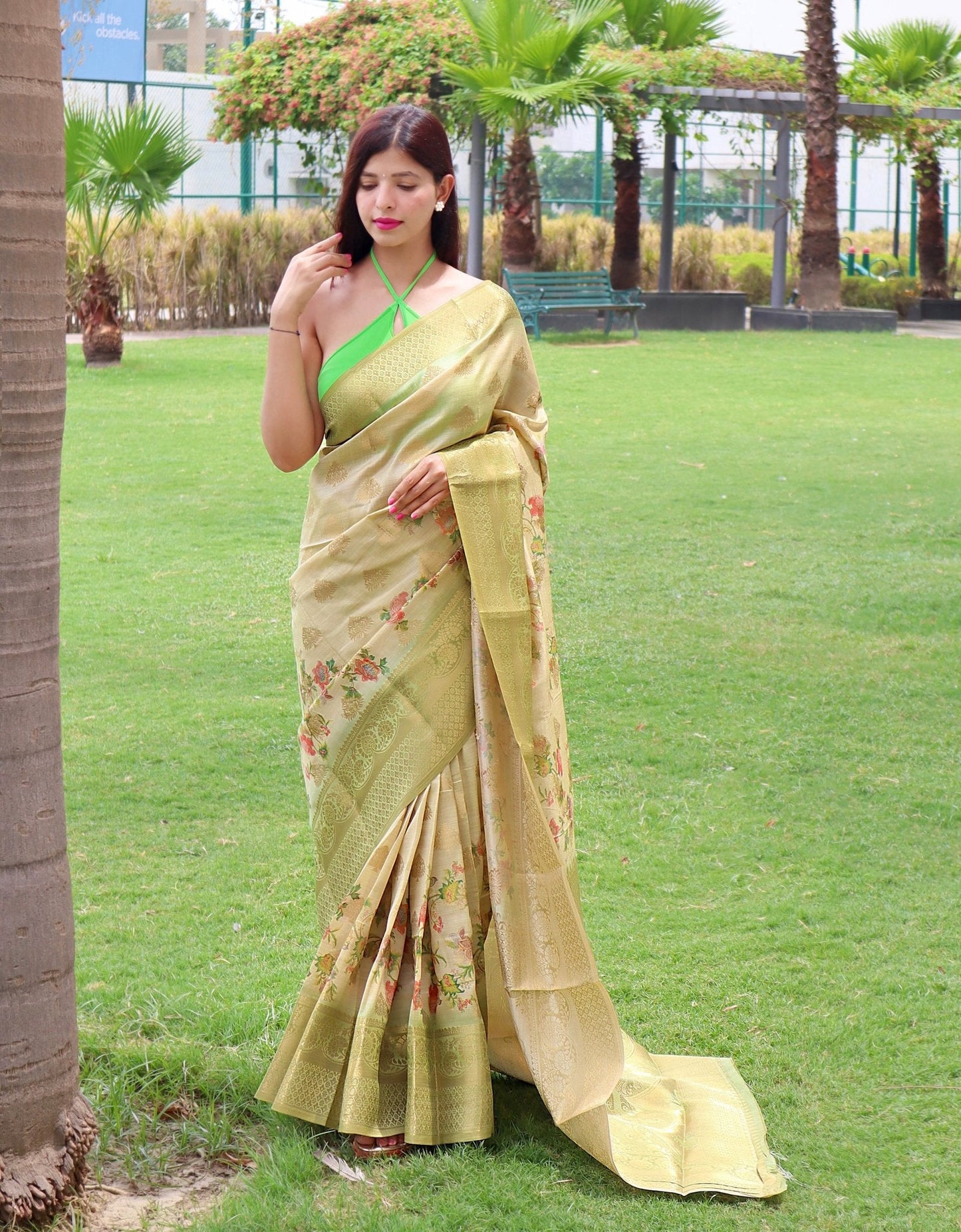 Radha Banarasi Silk Woven Saree with Floral Prints Greenish Beige
