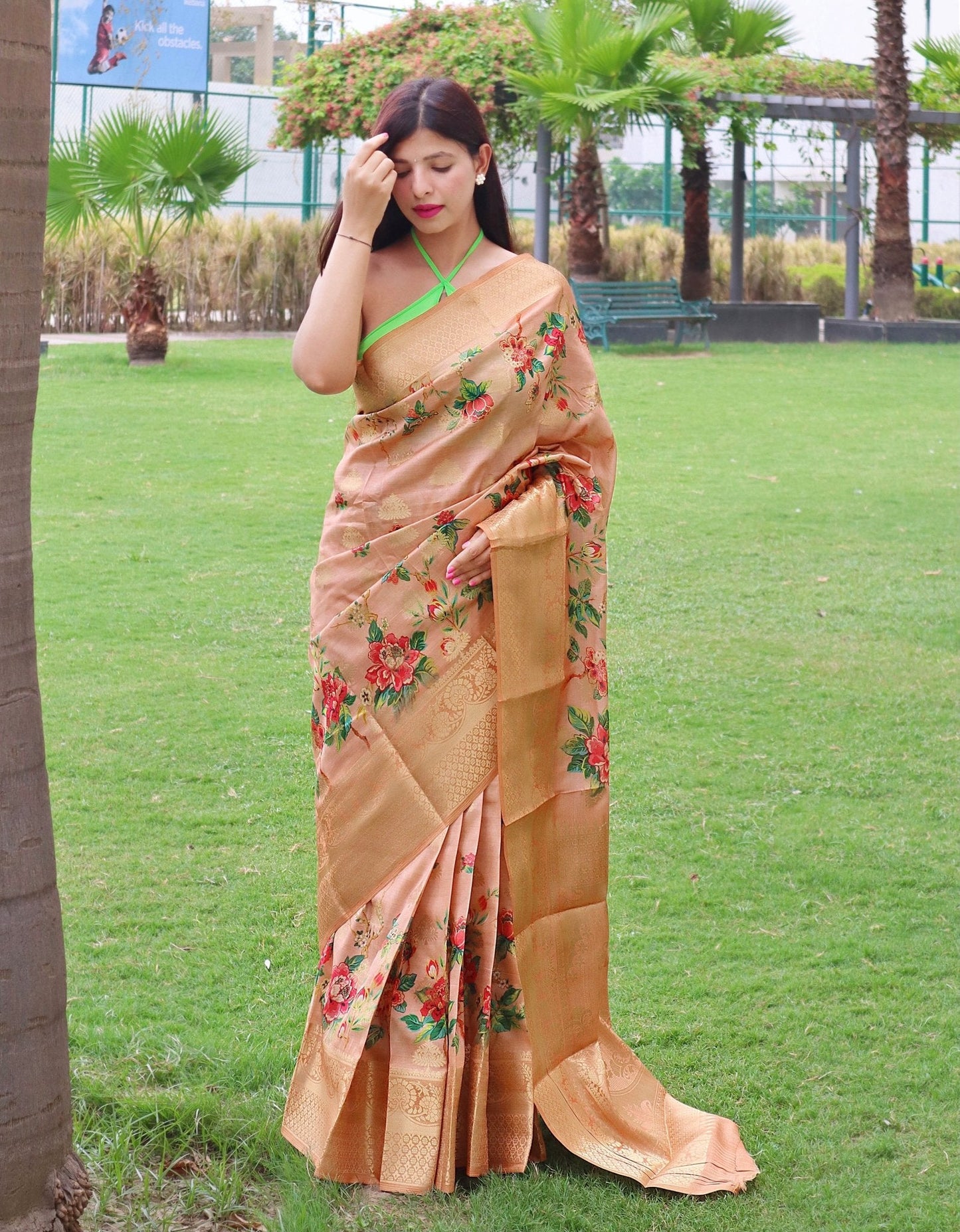Radha Banarasi Silk Woven Saree with Floral Prints Peach