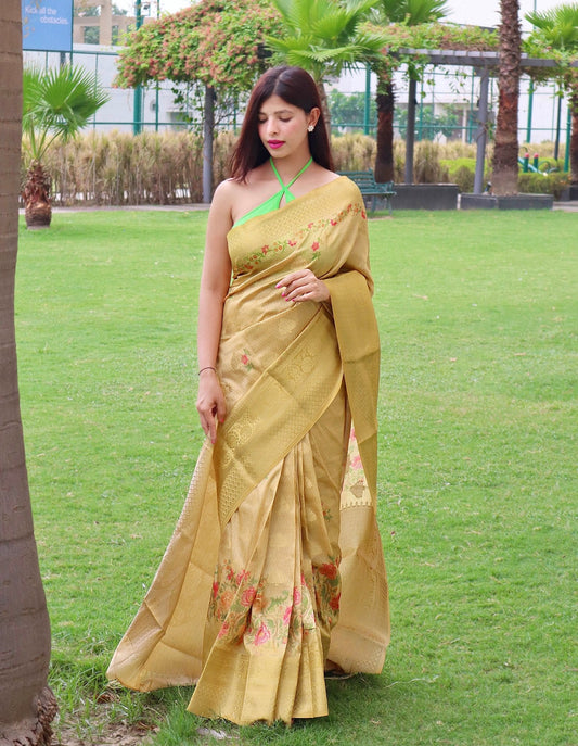 Radha Banarasi Silk Woven Saree with Floral Prints Yellow